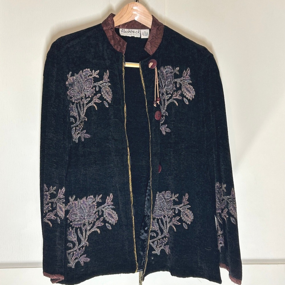 Vintage Flashback Floral Embroidered Chenille Jacket Women M Black Whimsigoth